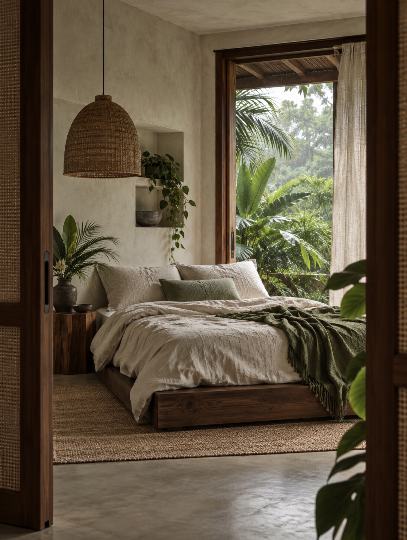 A calm, modern tropical bedroom with natural textures
