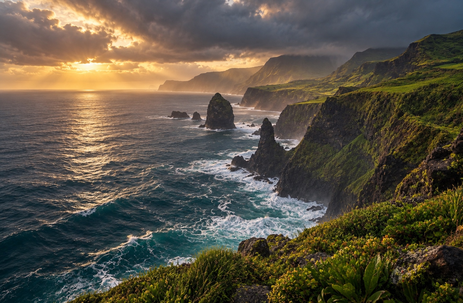 Sunset light falling across rugged sea cliffs