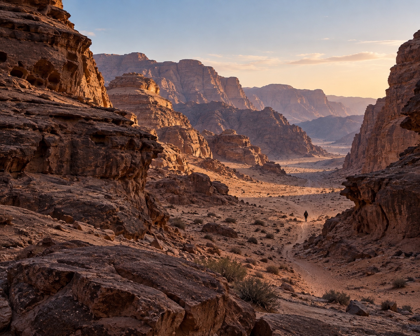 Red-rock desert canyon glowing ochre in low evening light