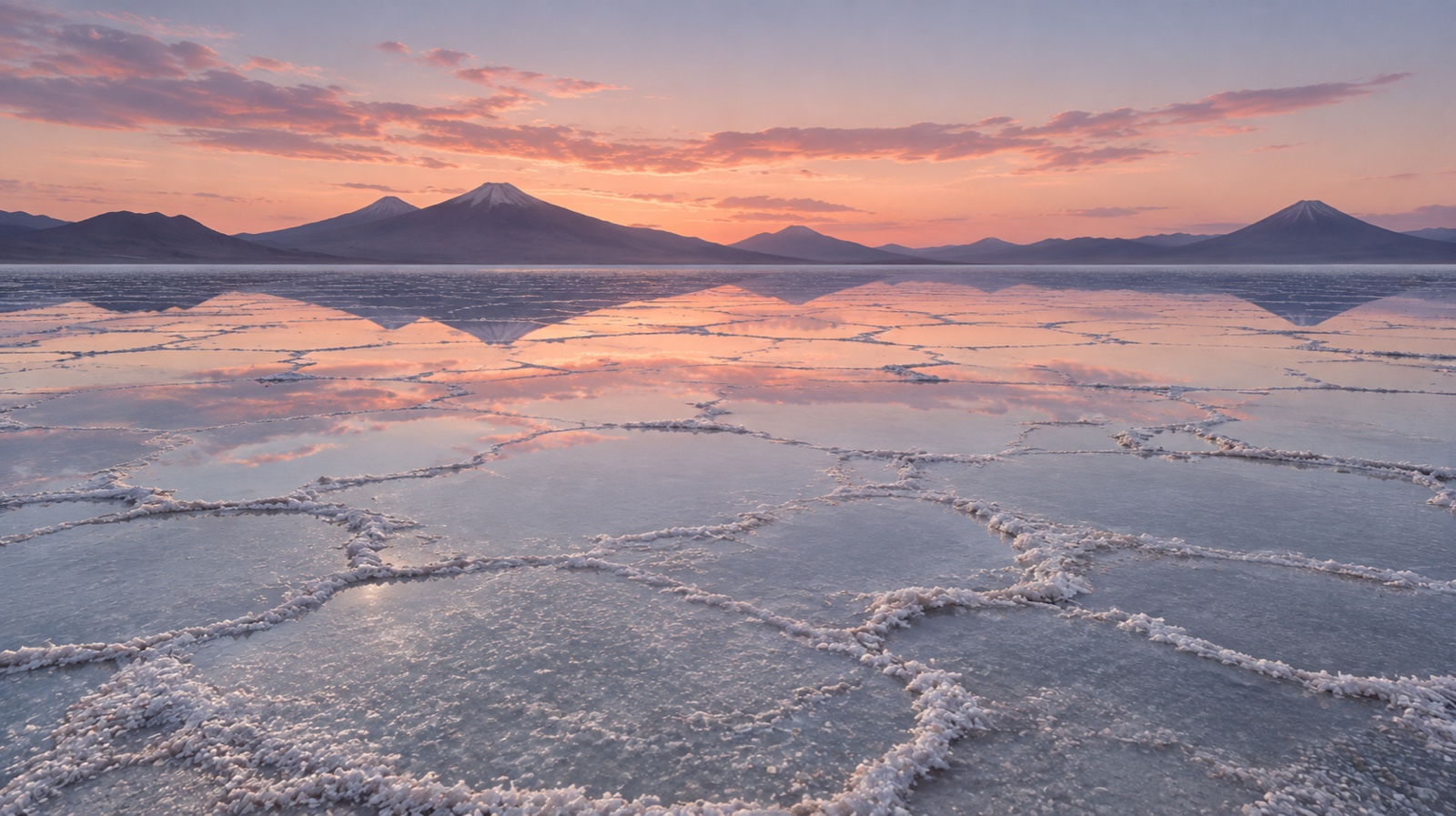 Salt flats mirroring the sunset sky in the Atacama