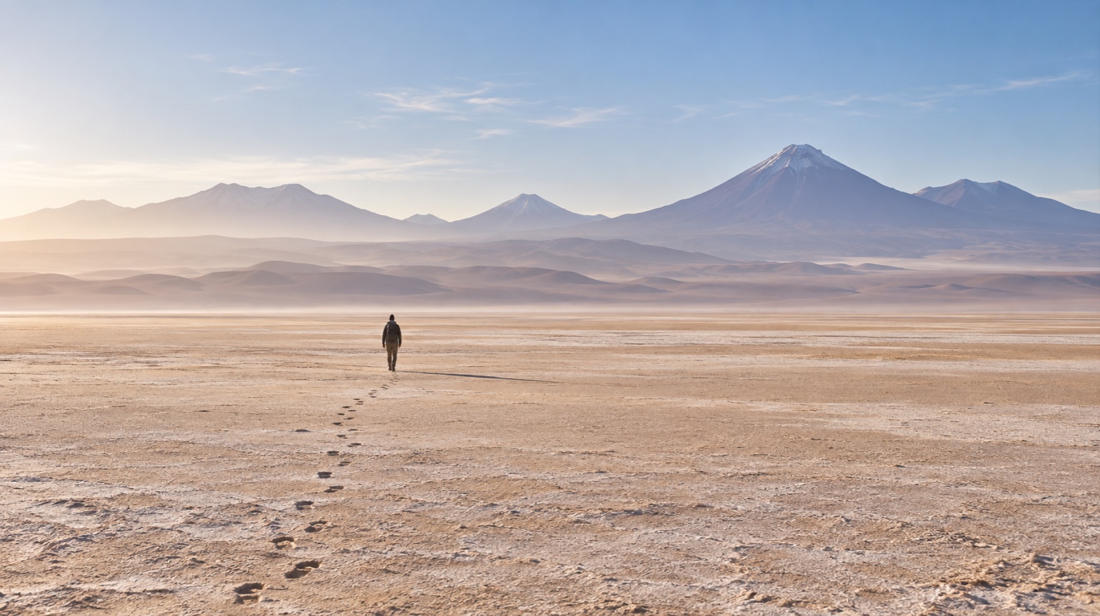 A lone walker crossing a vast, empty desert
