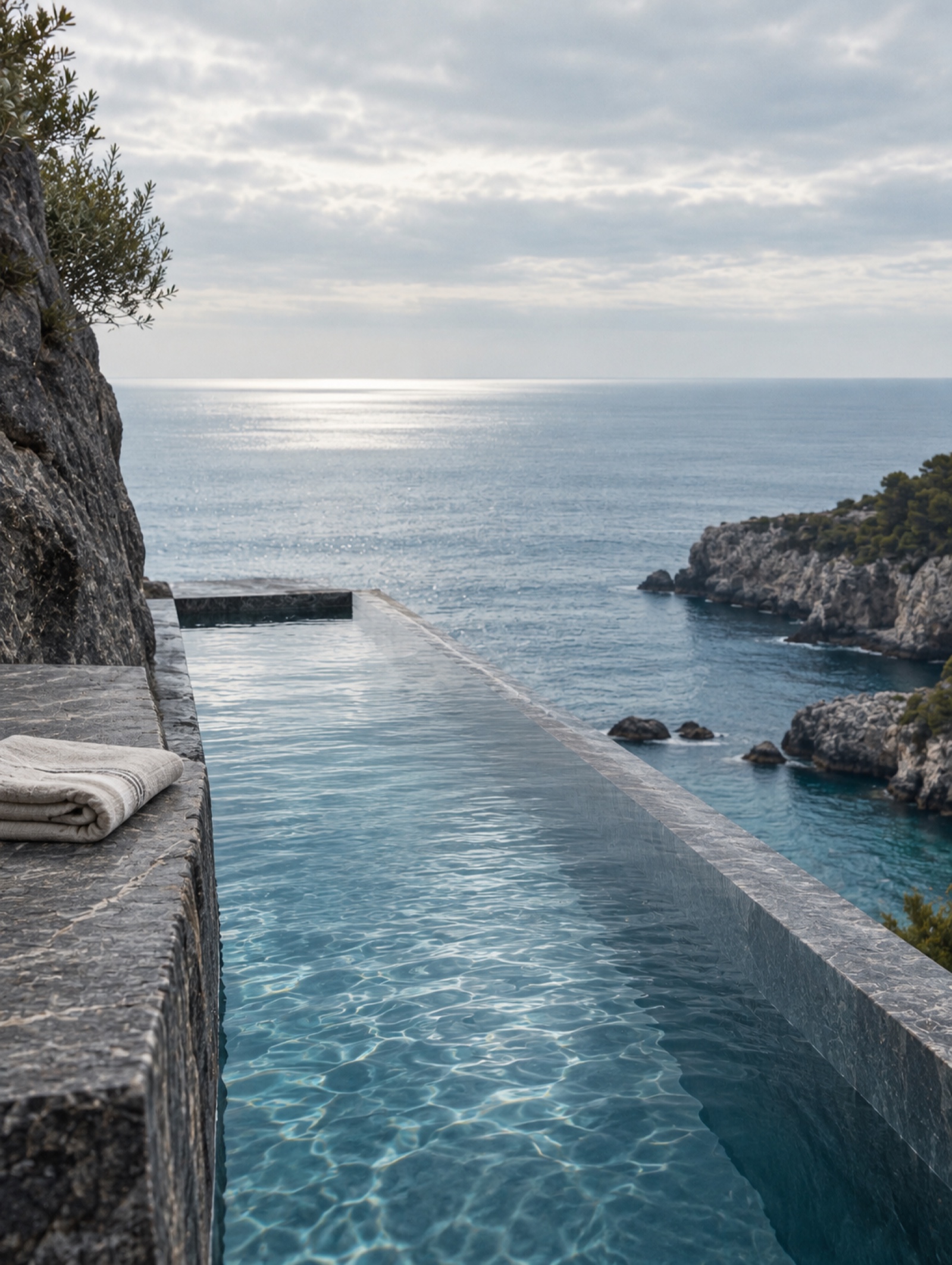An infinity pool overlooking a wide blue ocean