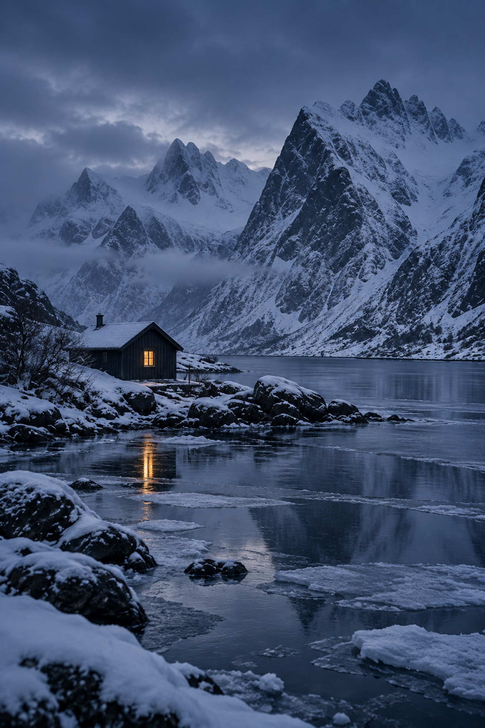 A snow-covered cabin beside a frozen lake at blue hour