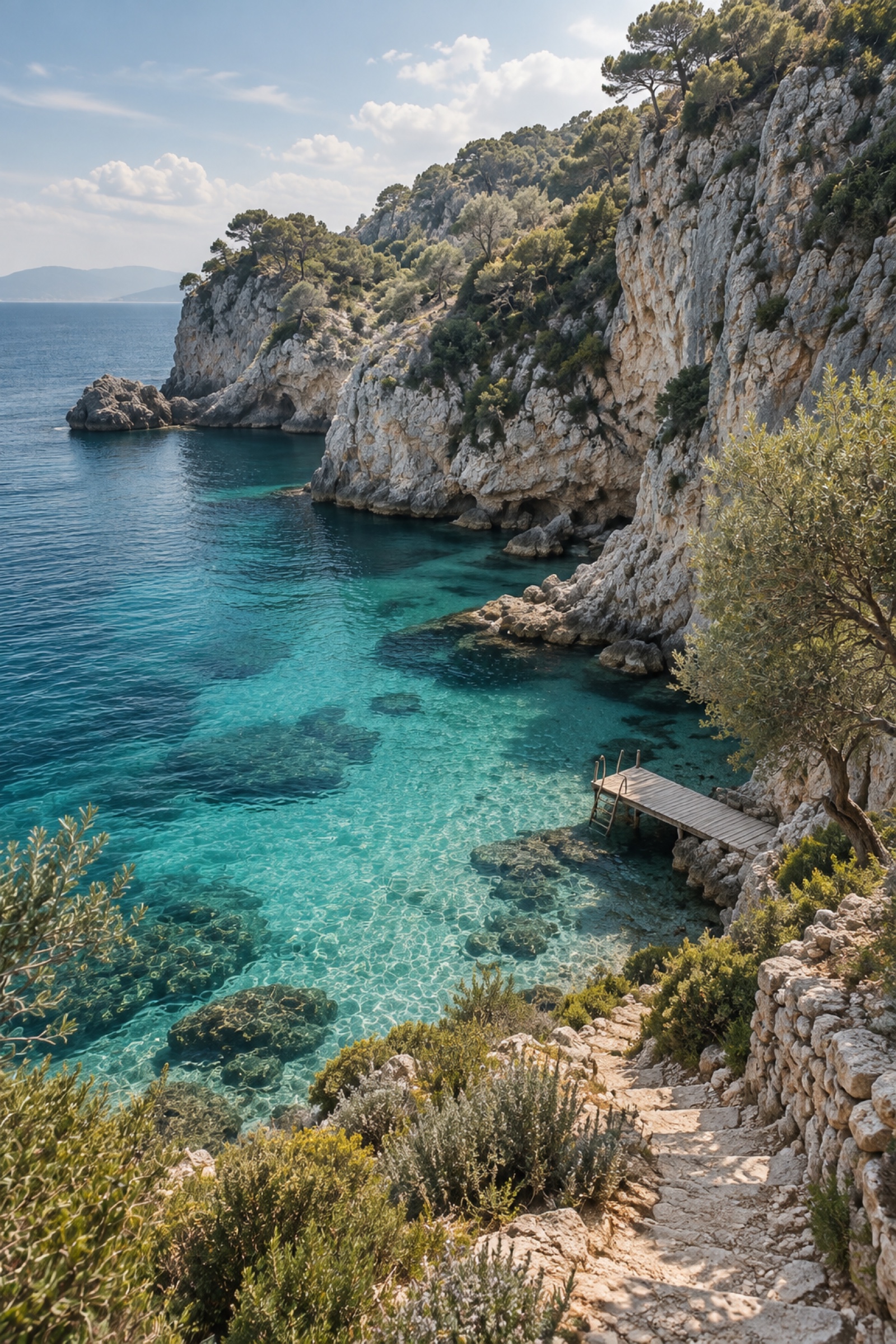 A quiet cove of turquoise water beneath pale cliffs