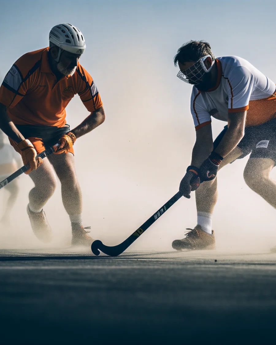 Two hockey players meeting over the ball in a cloud of dust