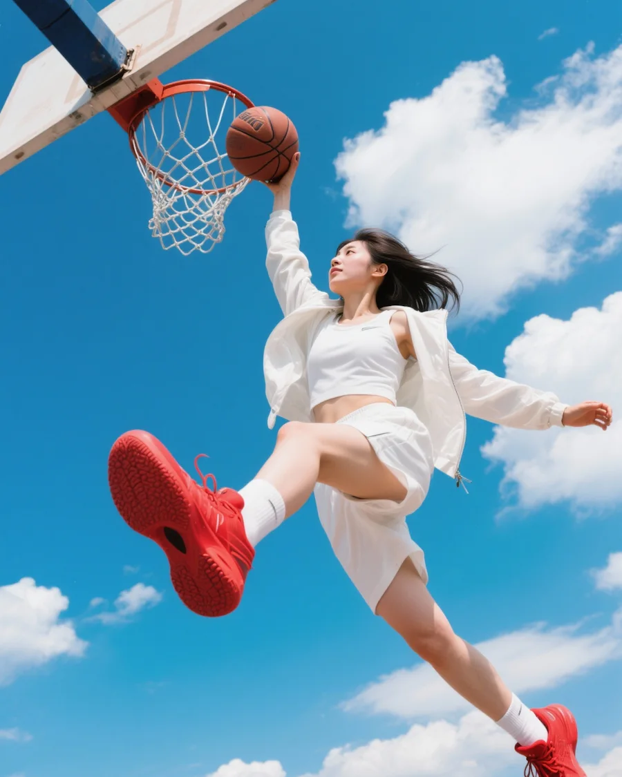 A player rising to the rim against an open sky