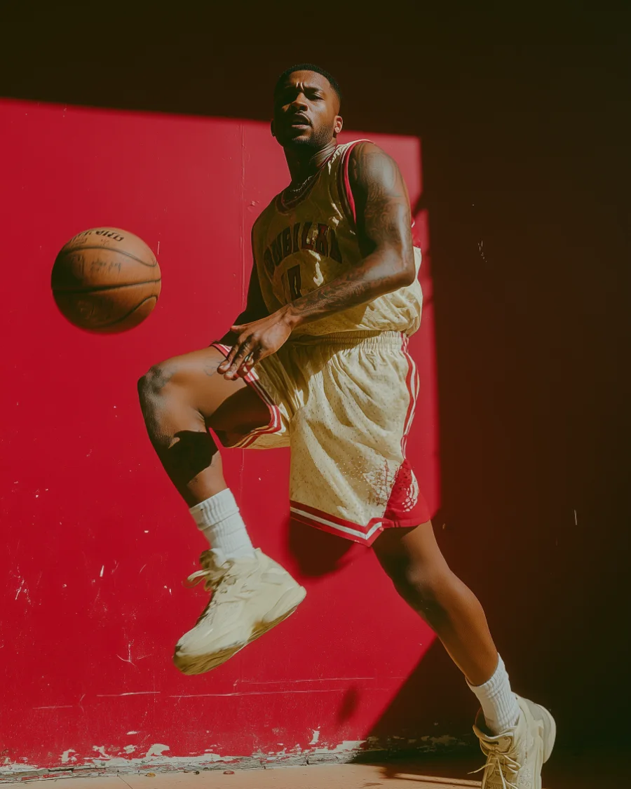 A player turning in the post, lit hard against red