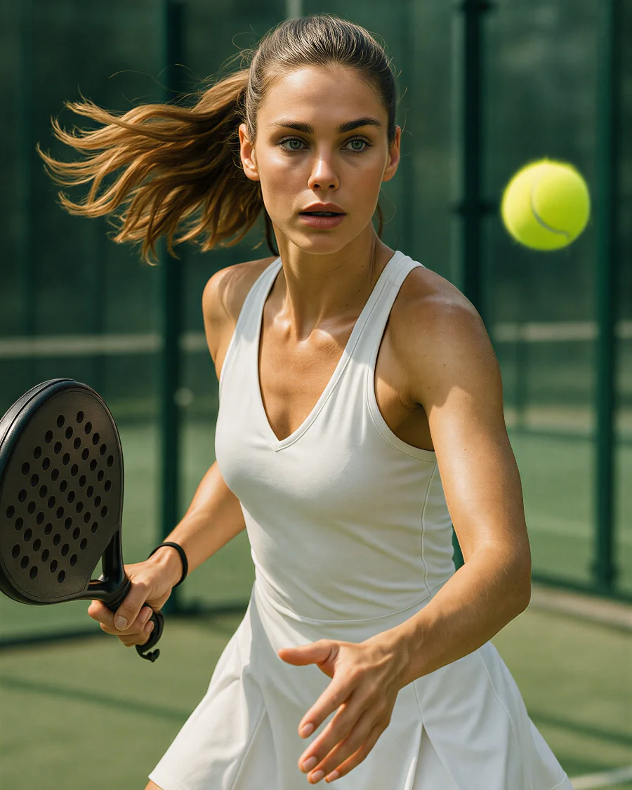 A padel player meeting the ball at the net