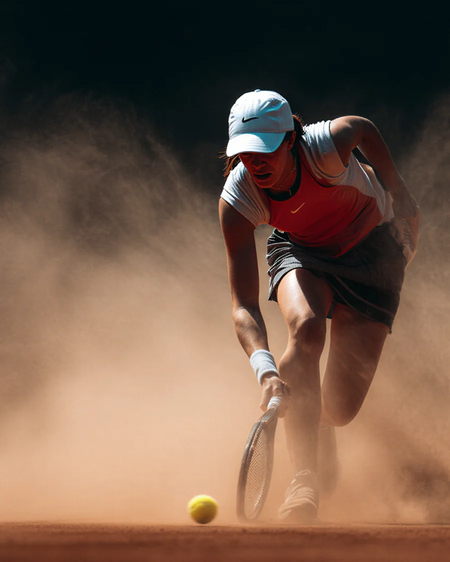 A tennis player driving through a shot on clay