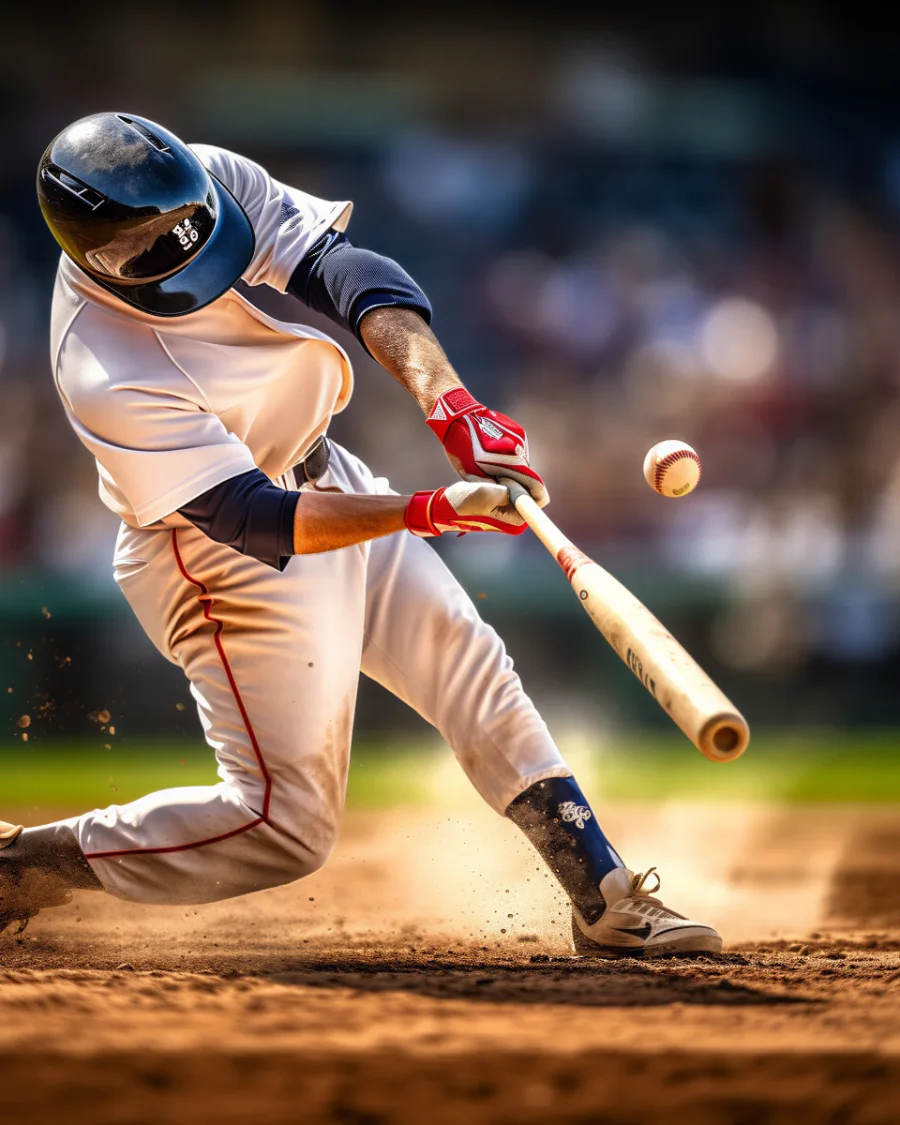 A batter making contact, dirt kicked up behind the plate