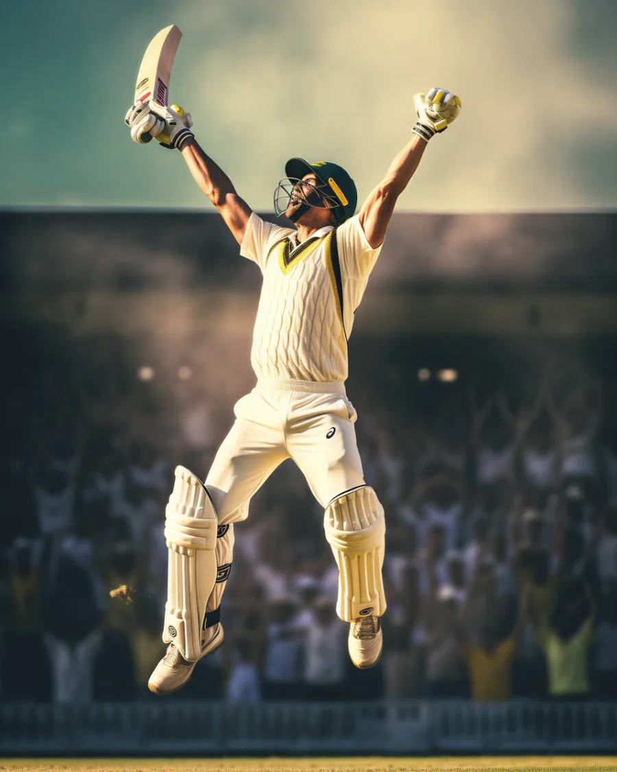 A cricketer raising both arms after reaching a century