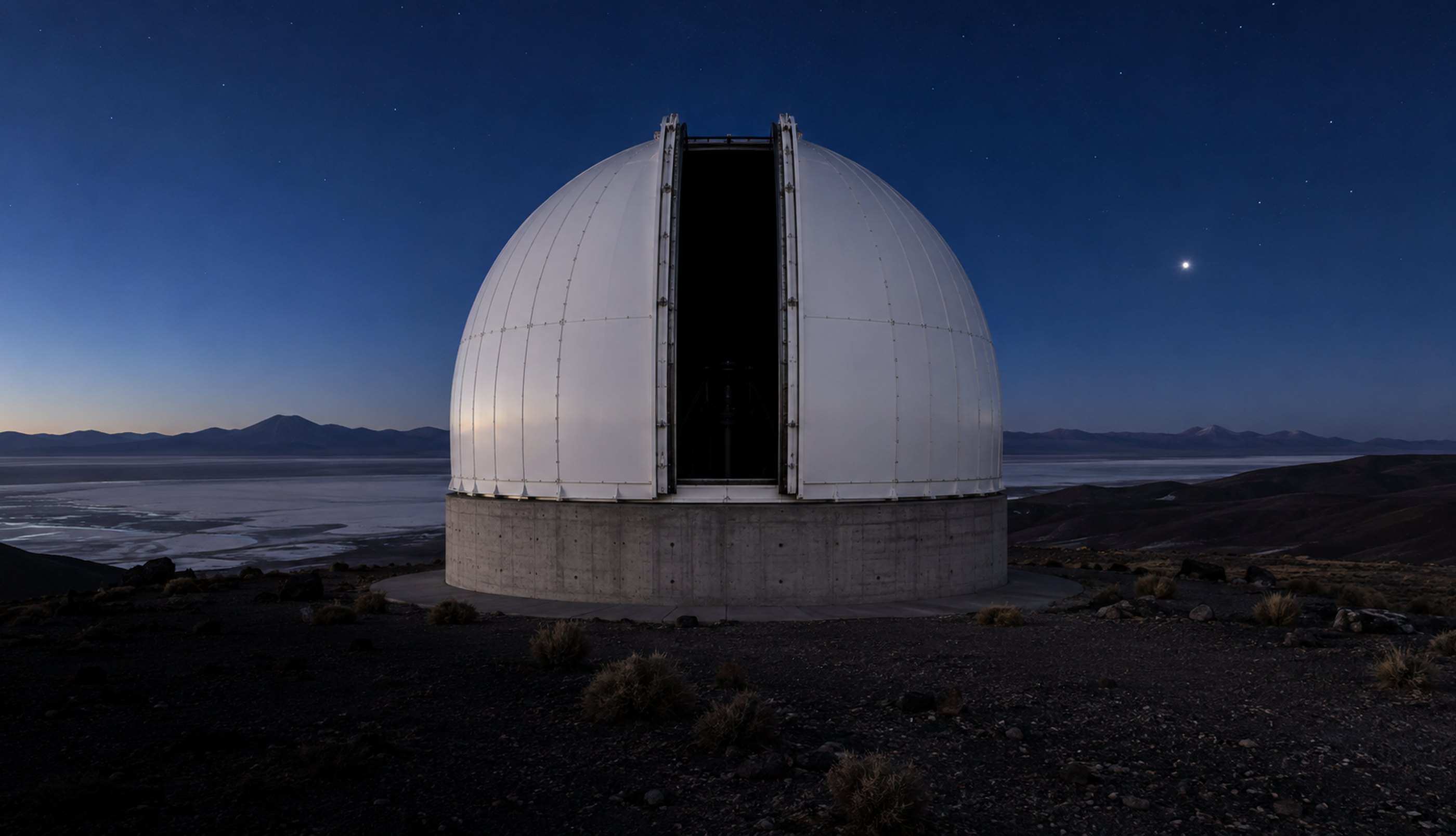 The observatory dome at blue hour with its slit open, the plateau falling away behind it