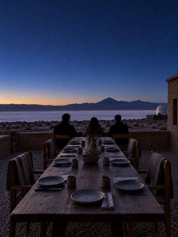Guests on the lodge terrace at blue hour, the salt flats pale below