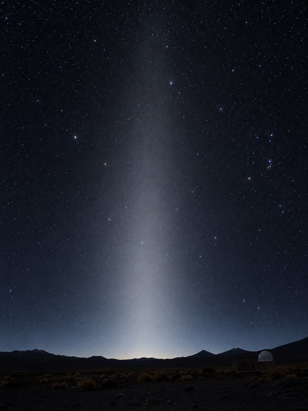 A faint cone of zodiacal light rising in the east before dawn