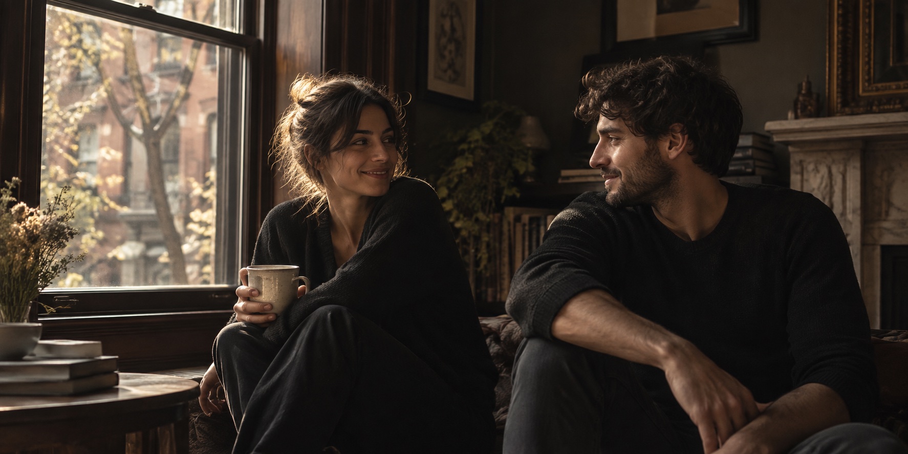 Two friends sharing a candid moment beside a brownstone window.