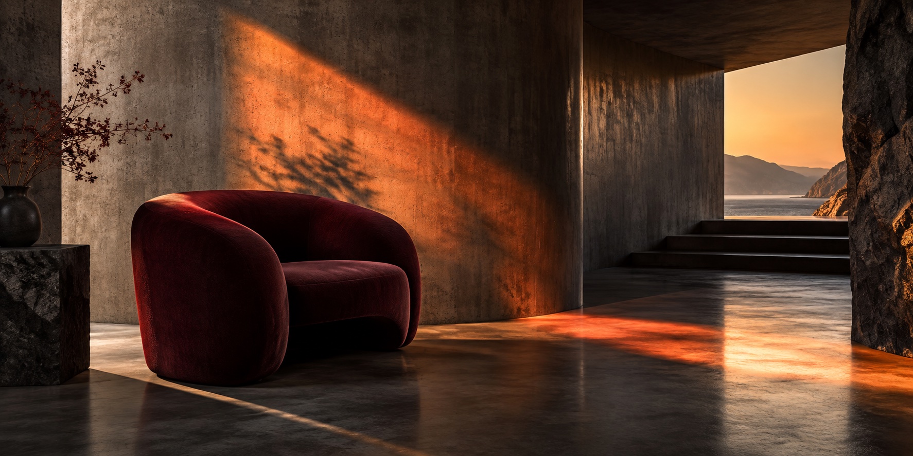Burgundy chair in a sculptural concrete interior with orange light.