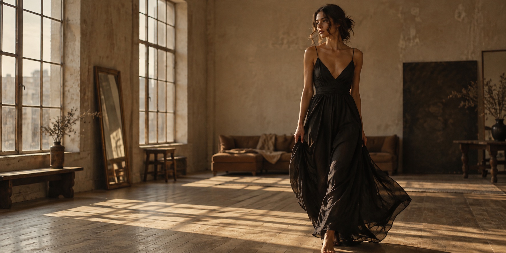 Model in a black dress walking through a sunlit studio.