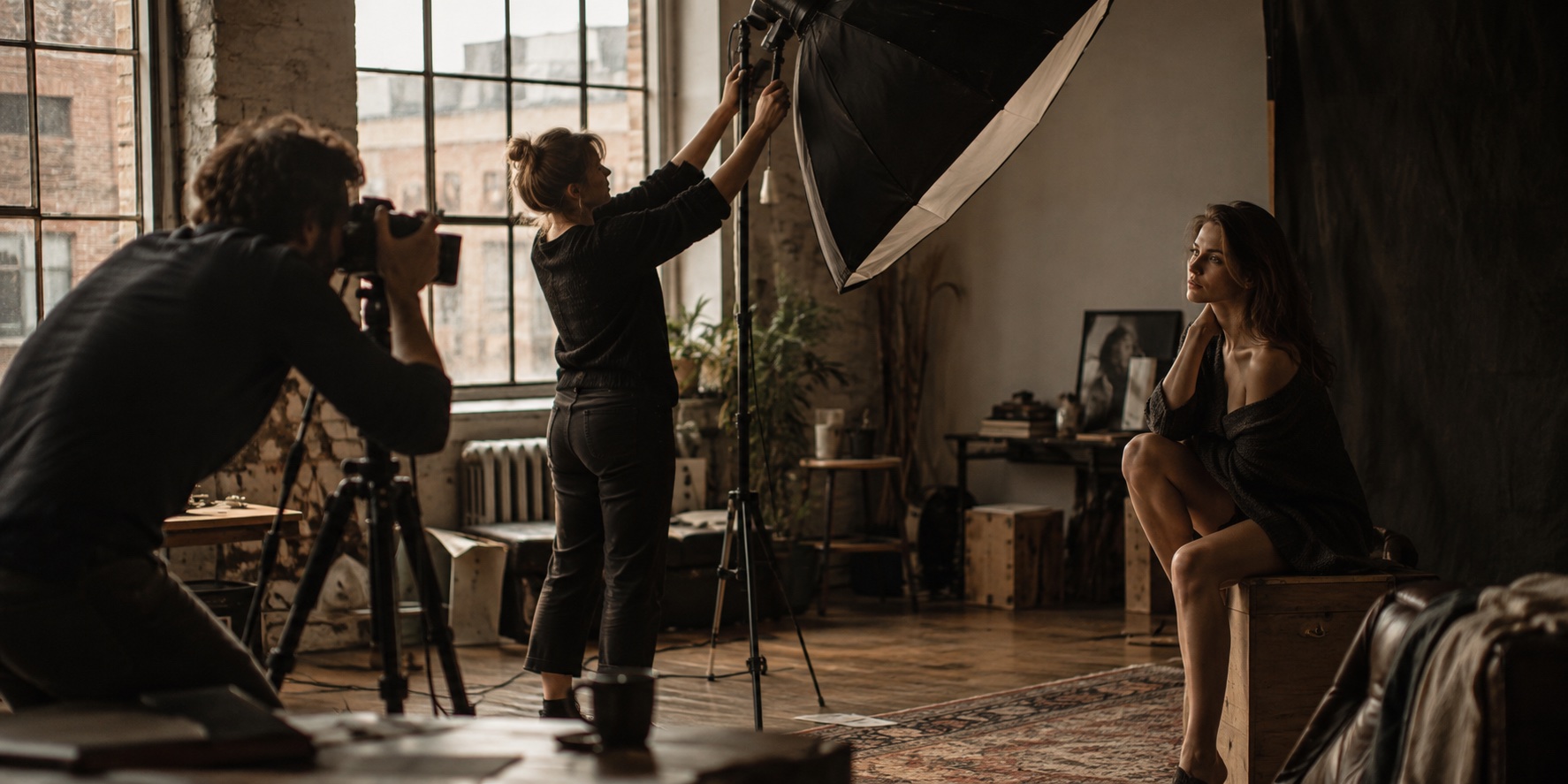 Photographer and assistant preparing a daylight studio shoot.
