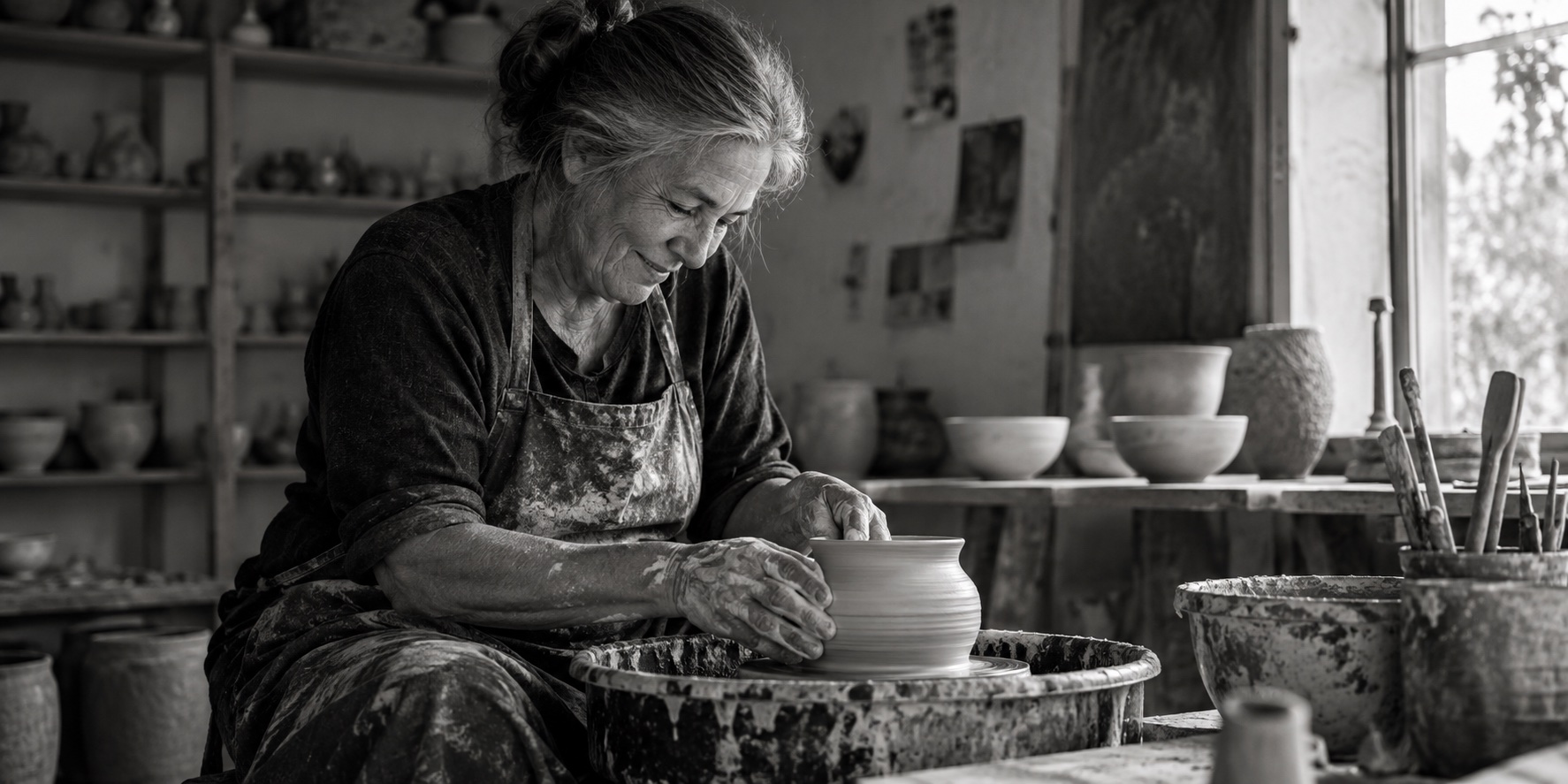 Black and white portrait of a ceramic artist in a sunlit studio.