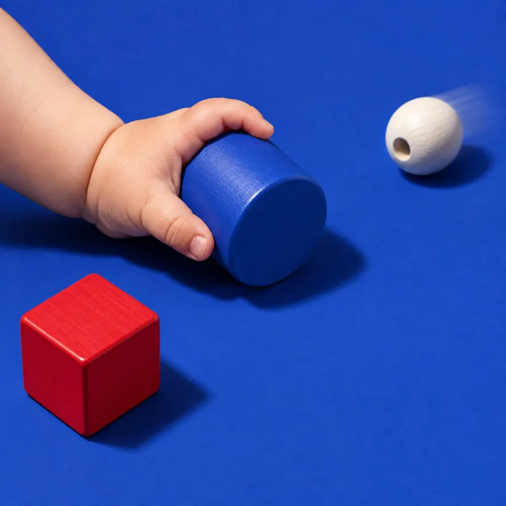 A baby's hand closing around a blue wooden cylinder on blue paper while a white bead rolls away