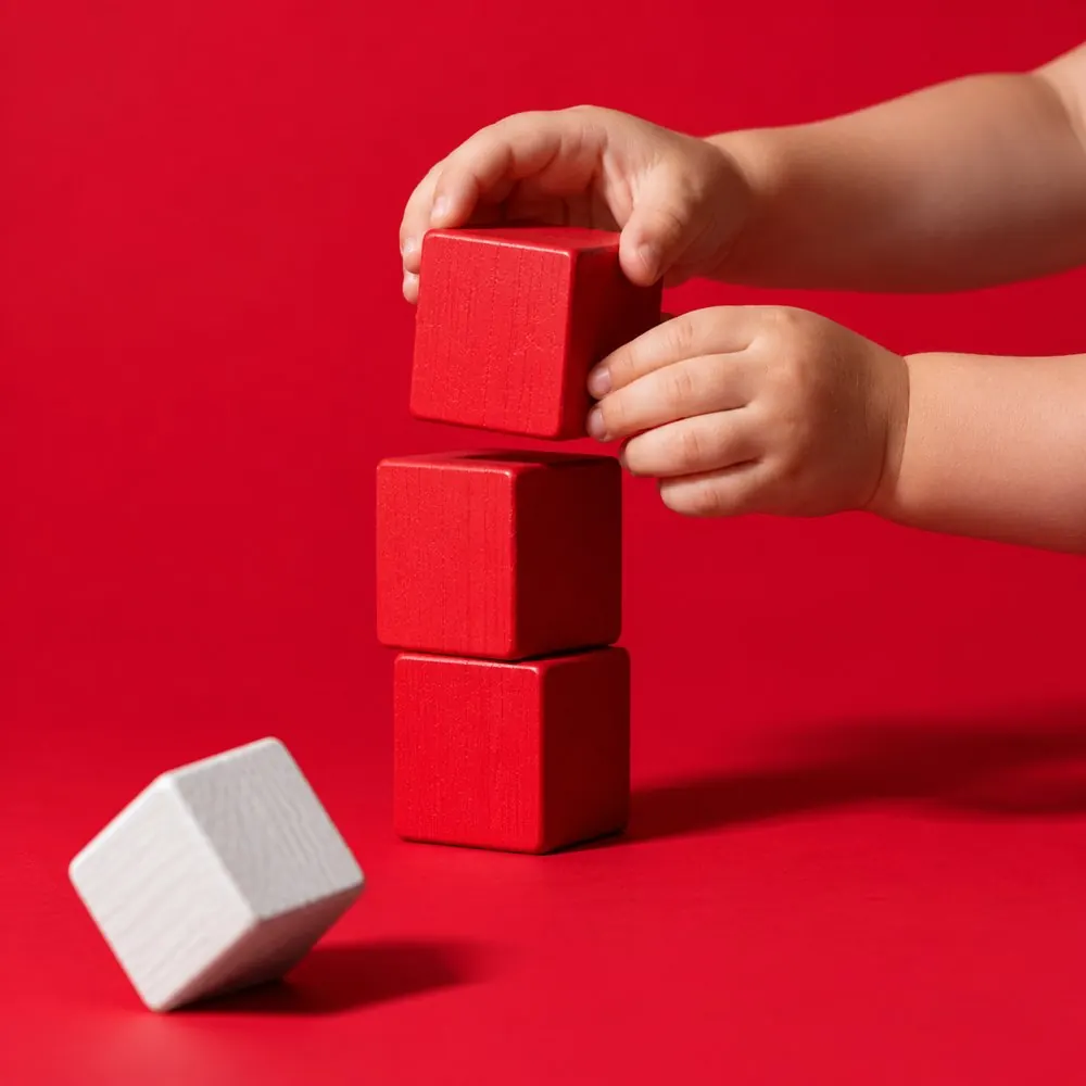 Toddler hands lowering a red cube onto a wobbling tower of red cubes on red paper