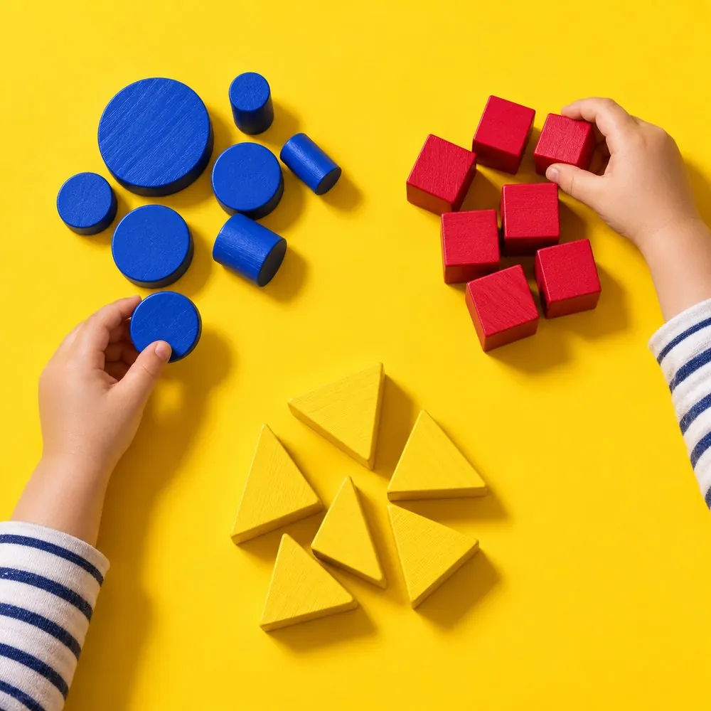Top-down view of small hands sorting blue circles, red cubes and yellow triangles into three piles