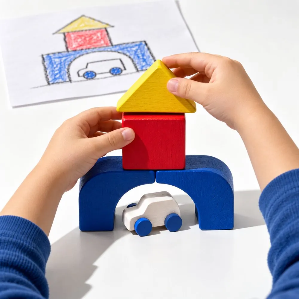 A child's hands putting a yellow roof on a red cube that sits on blue arches, a small wooden car parked underneath