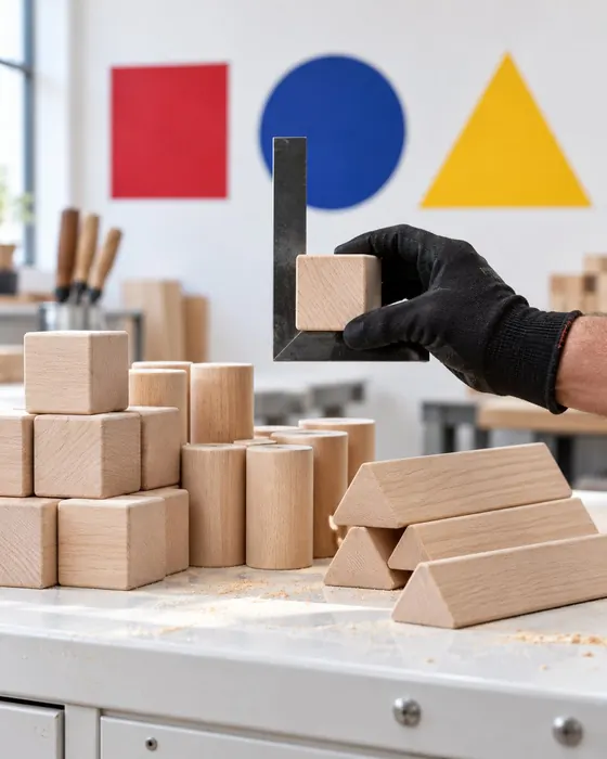 A gloved hand checking a raw beech cube against a steel square in a white workshop