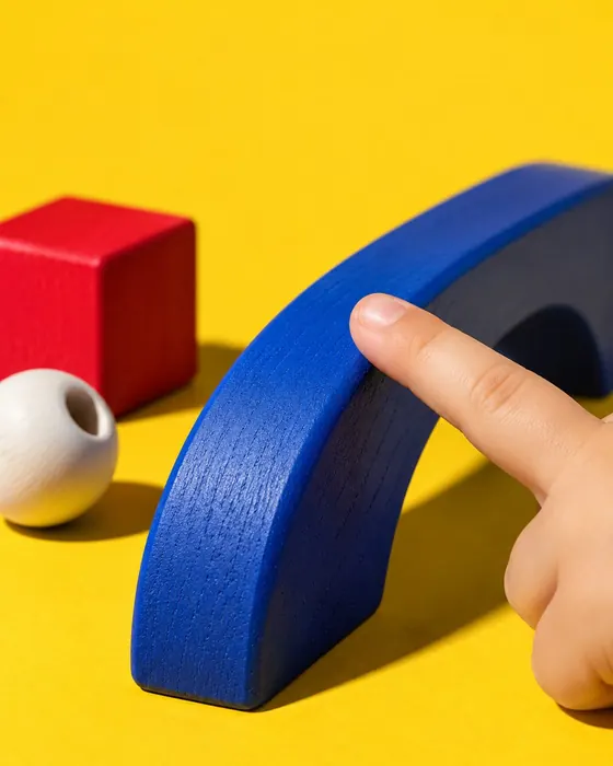 A child's finger tracing the smooth rounded edge of a blue wooden arch on yellow paper