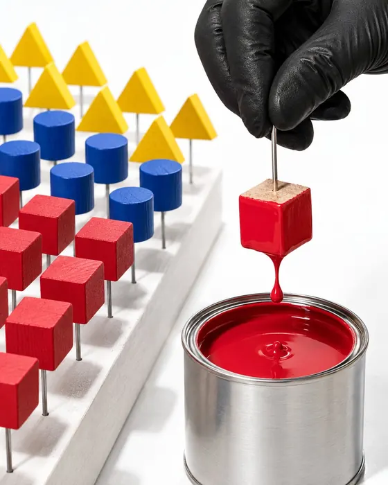 A raw beech cube on a pin being dipped into red water-based paint, rows of painted blocks drying behind