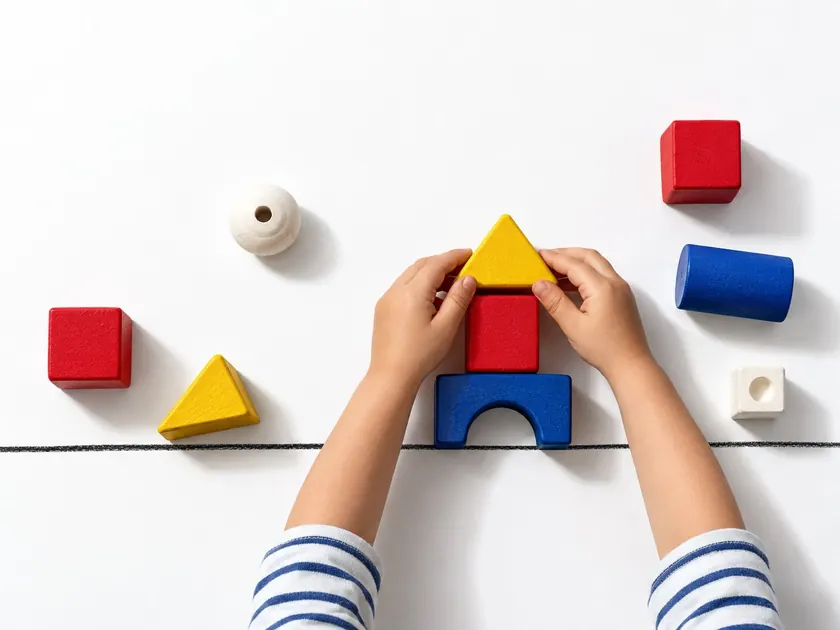 Top-down view of a child's hands placing a yellow triangle on a red cube that stands on a blue arch, other blocks laid out on white paper