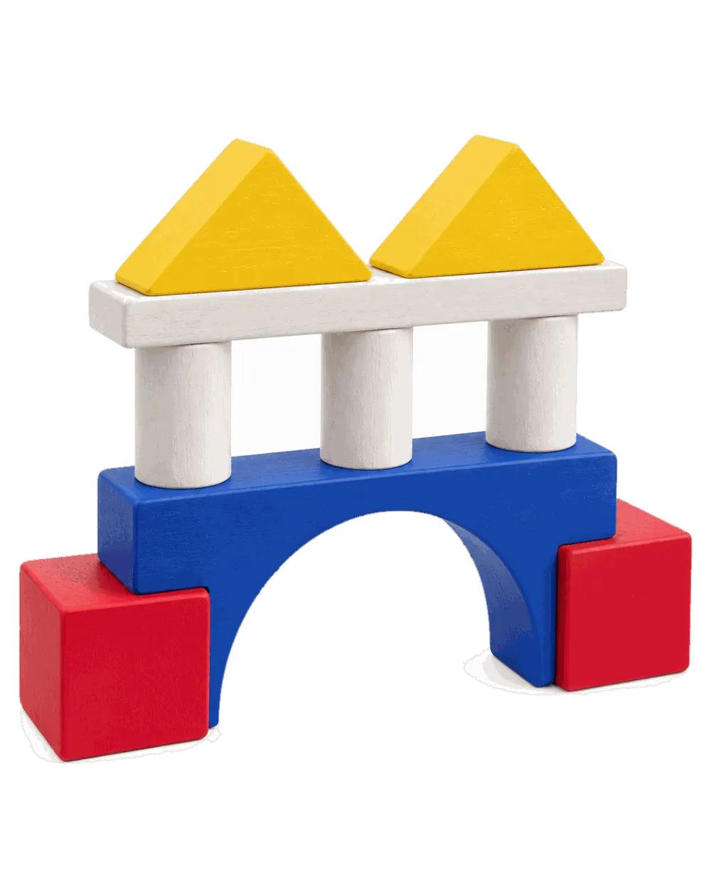 The Balance Bridge: a long blue arch between red cubes with white columns and yellow roofs on top