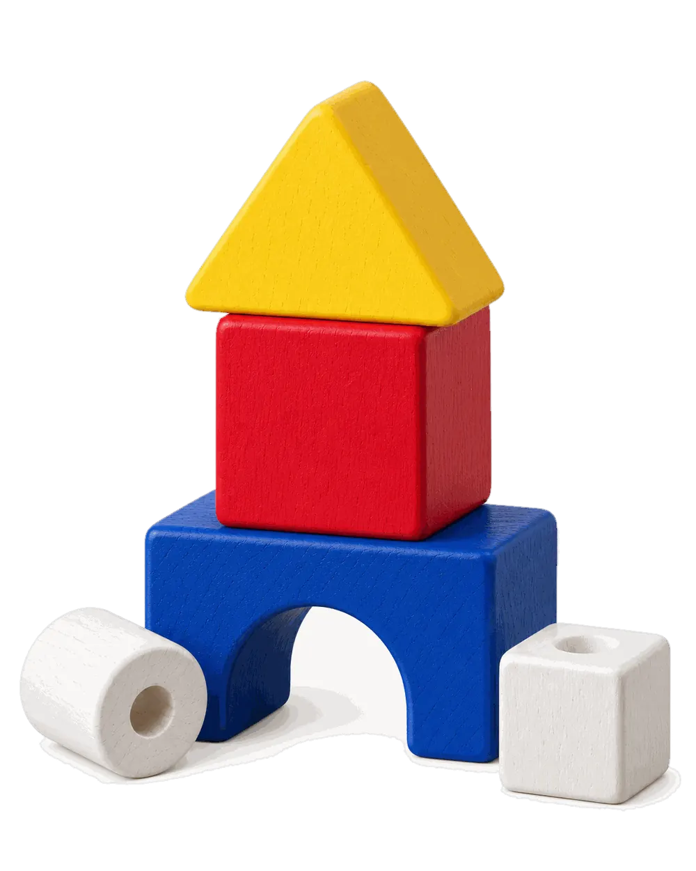 The First Five: blue arch, red cube and yellow triangle stacked, a white bead and a white cube beside them