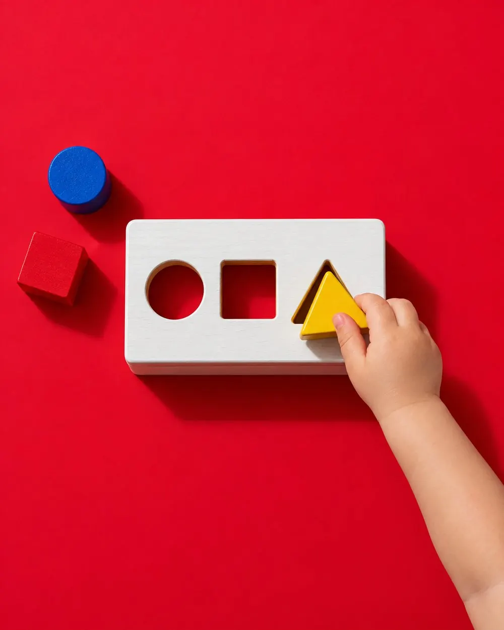 Top-down view of a toddler pushing a yellow triangle into the sorter box on red paper
