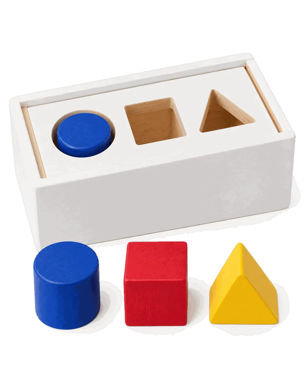The Shape Sorter: a white wooden box with circle, square and triangle holes and three matching pieces