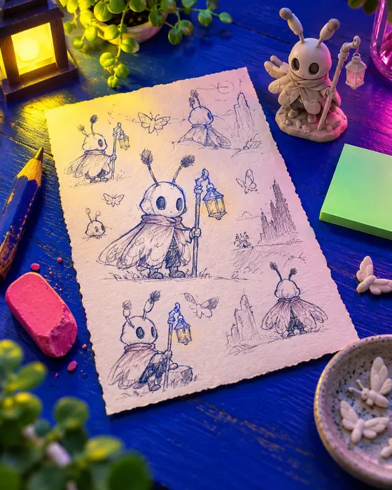 Pencil concept sketch of a small moth knight with antennae and a lantern on a desk under coloured light