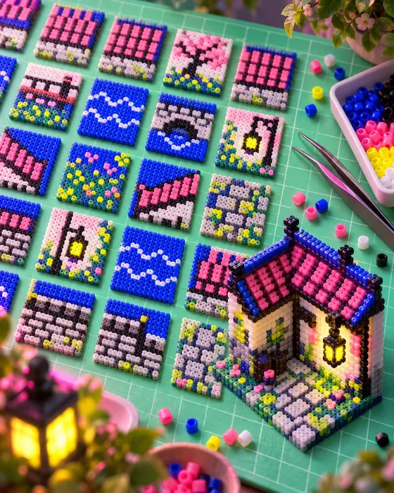 Printed pixel tileset sheets and a tiny tiled rooftop model on a cutting mat
