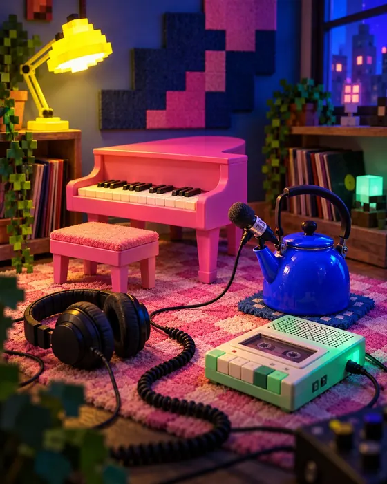 Toy piano, cassette recorder and a kettle set up as a soundtrack recording corner