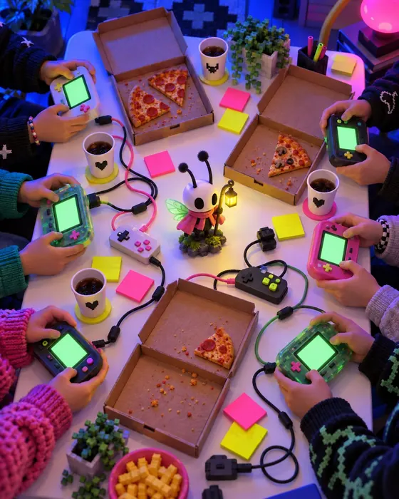 Playtest table with handheld consoles, sticky notes and pizza boxes seen from above