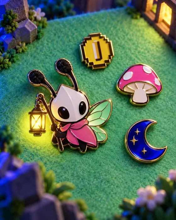 Enamel pins shaped like a lantern, a moth and a coin on a mint felt board