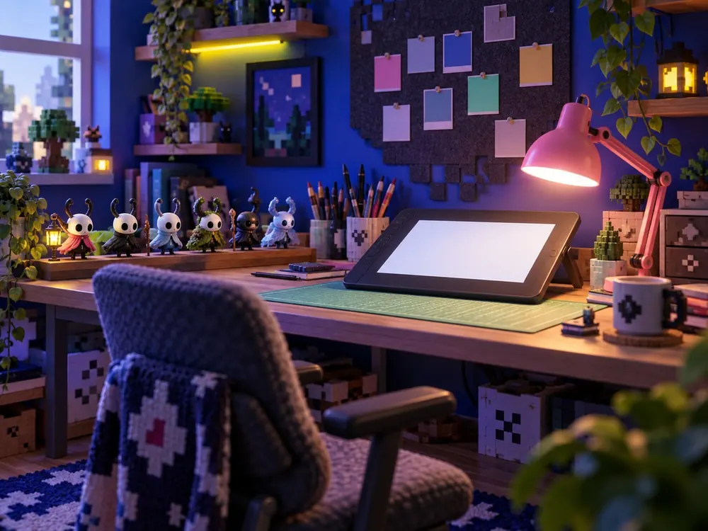 Pixel artist's desk with a drawing tablet, tiny figurines and a pink desk lamp