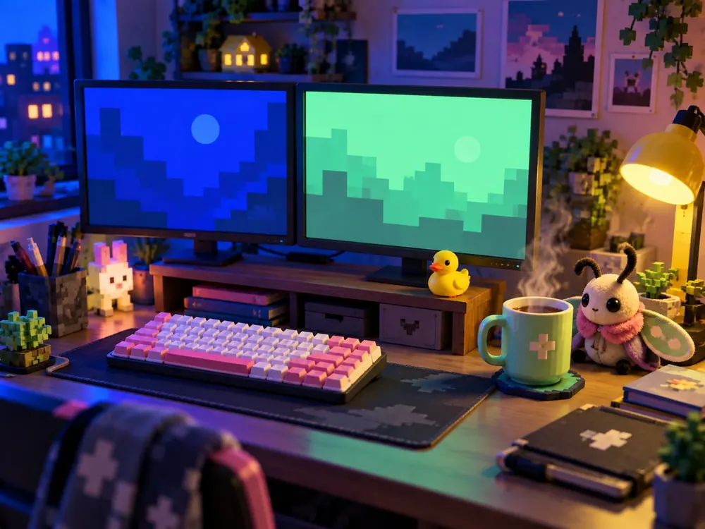 Programmer's desk with two monitors of code, a mint mug and a moth plush