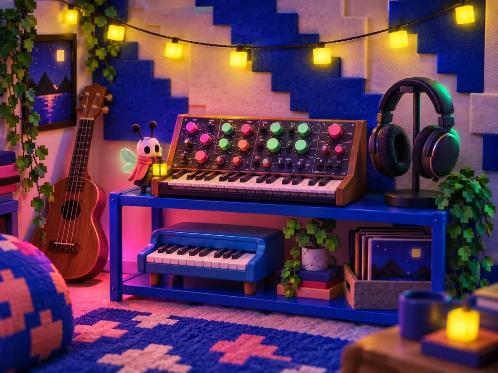 Music corner with a small synth, headphones on a stand and a toy piano