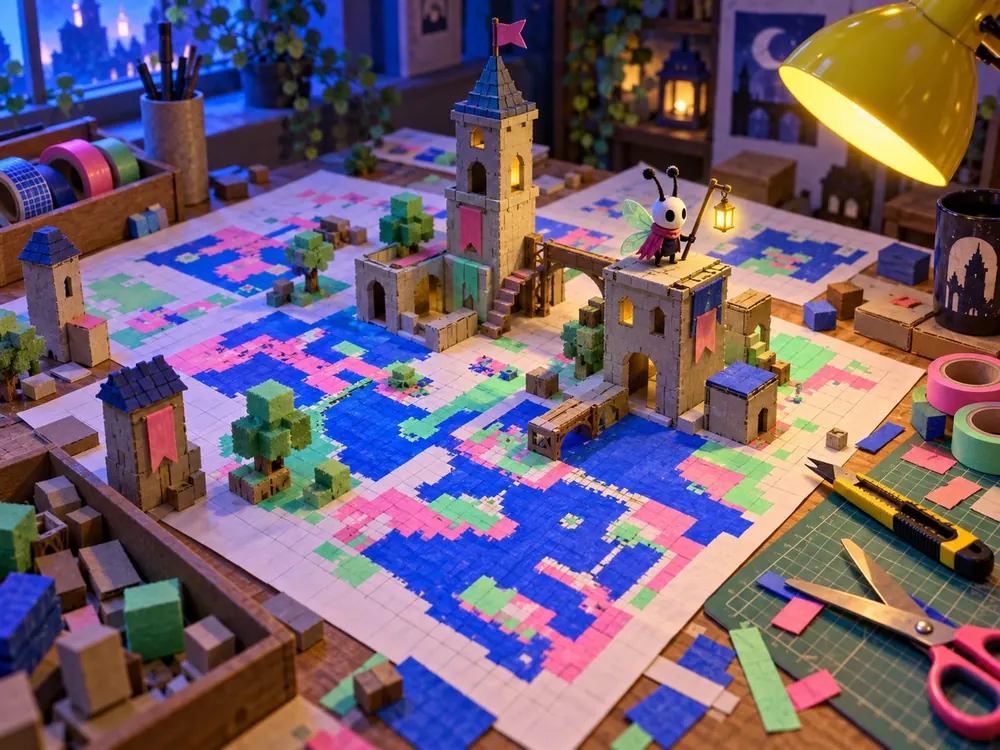 Crafting table covered in paper level maps, washi tape and a cutting mat