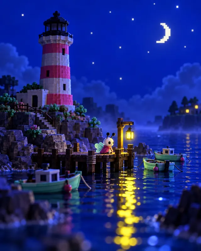 Miniature harbour at night with a dark lighthouse, bobbing boats and a single lantern on the pier
