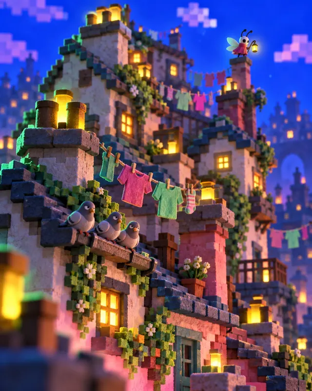 Miniature diorama of crooked pixel rooftops with laundry lines and glowing chimney pots at dusk