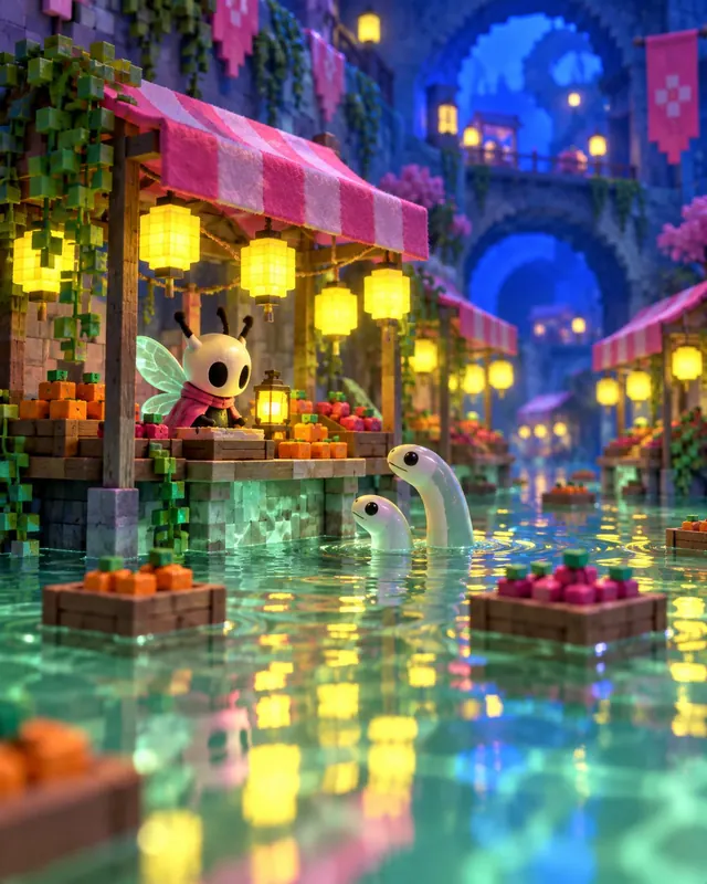 Miniature flooded market of tiny stalls with lanterns reflected in shallow turquoise water