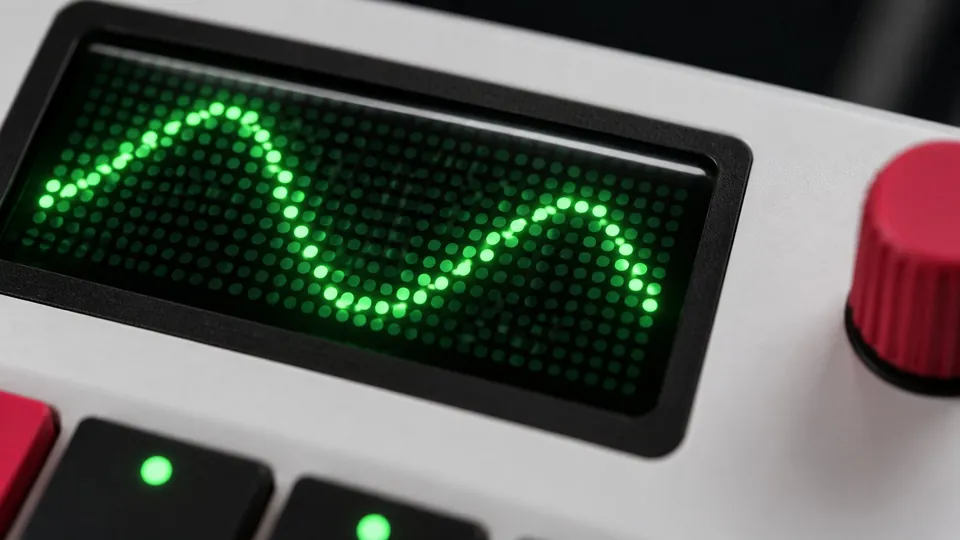 Close-up of the C-16's dot-matrix screen glowing green with a wave drawn in dots
