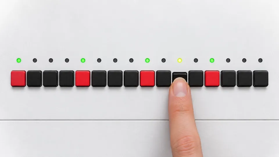 Top-down view of sixteen black and red step keys with a row of glowing LEDs above them