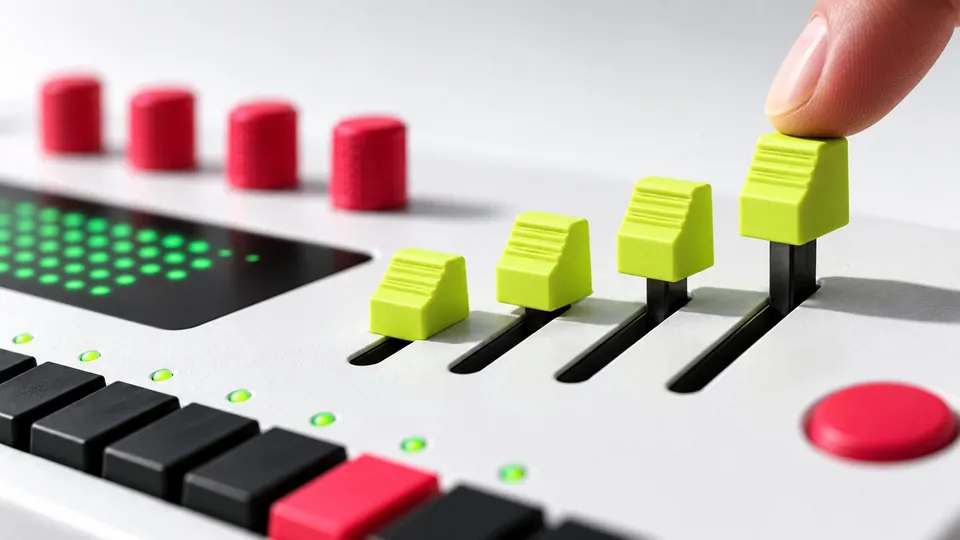 Four lime fader caps standing at different heights in black slots